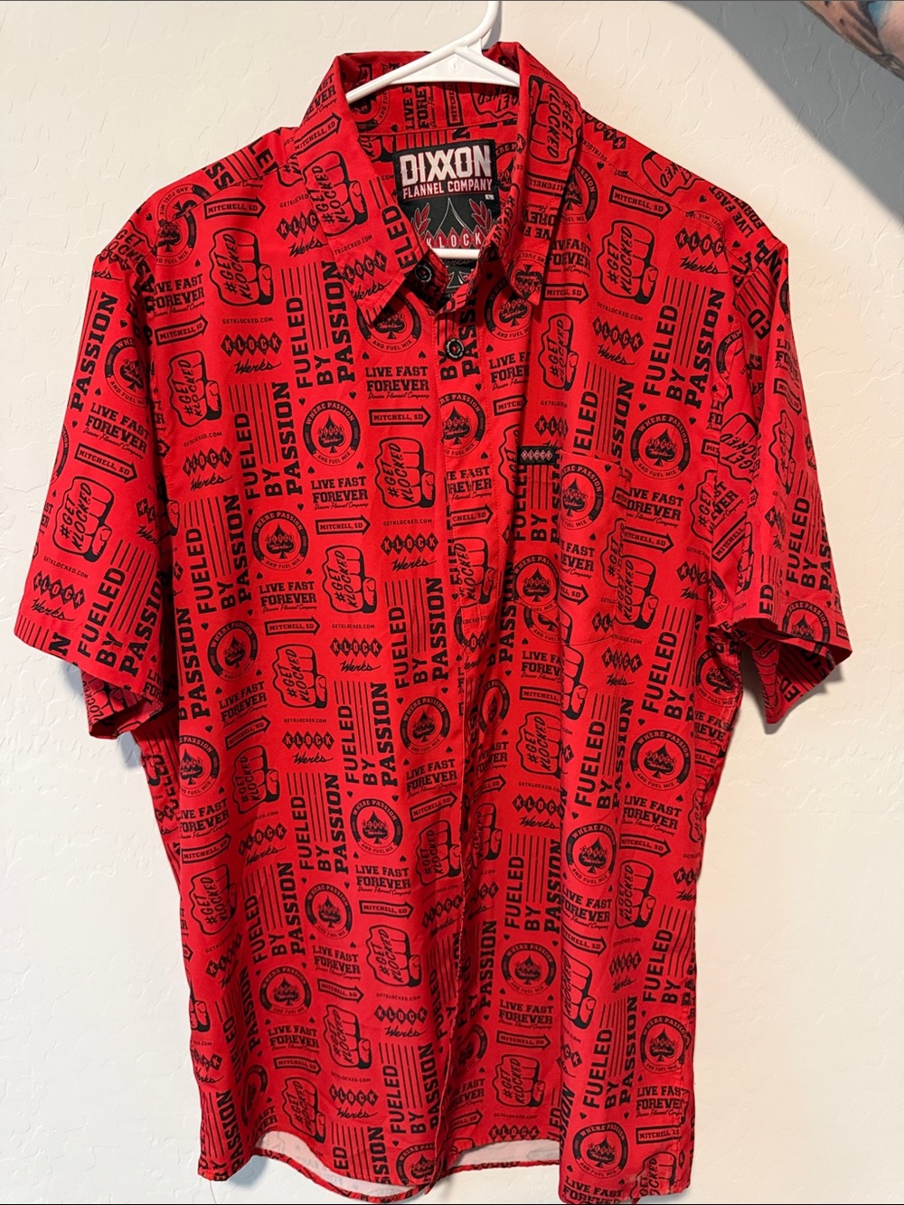 DIXXON Red Short-Sleeve Button-Up Shirt with Black All-Over Graphics
